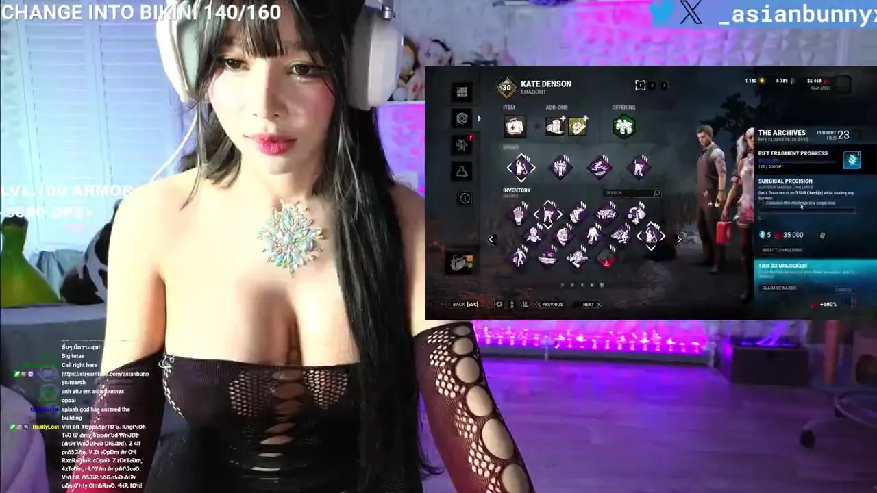 AsianBunnyx peels her blue bikini down and lets her tits bounce for the stream