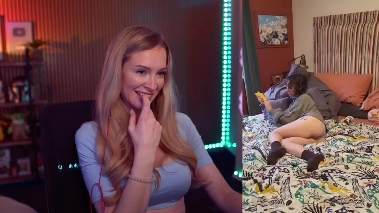 Gaming room glow as Bebahanofficial watches a deepthroat clip and giggles at the screen