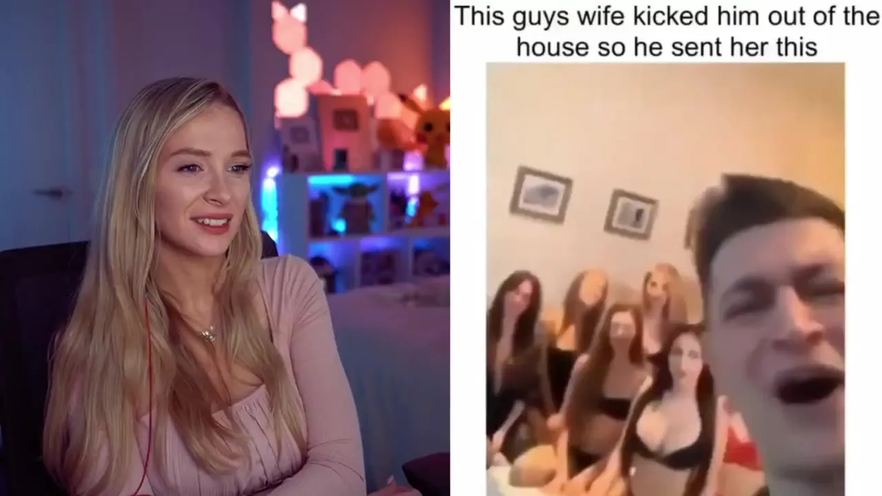 Pink top and red cord, she laughs hard while a bearded man swings his cock around the kitchen