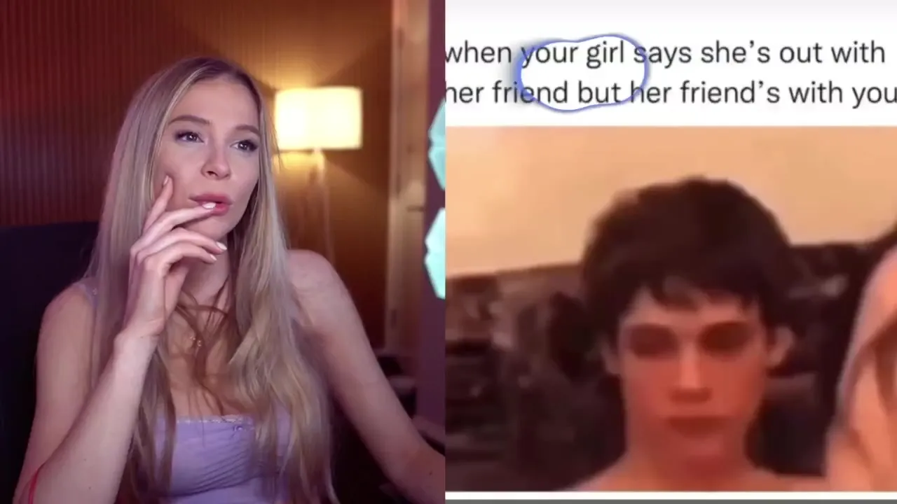 Bebahanofficial squeals and cracks up at a split screen of blowjobs and naked orgy bodies