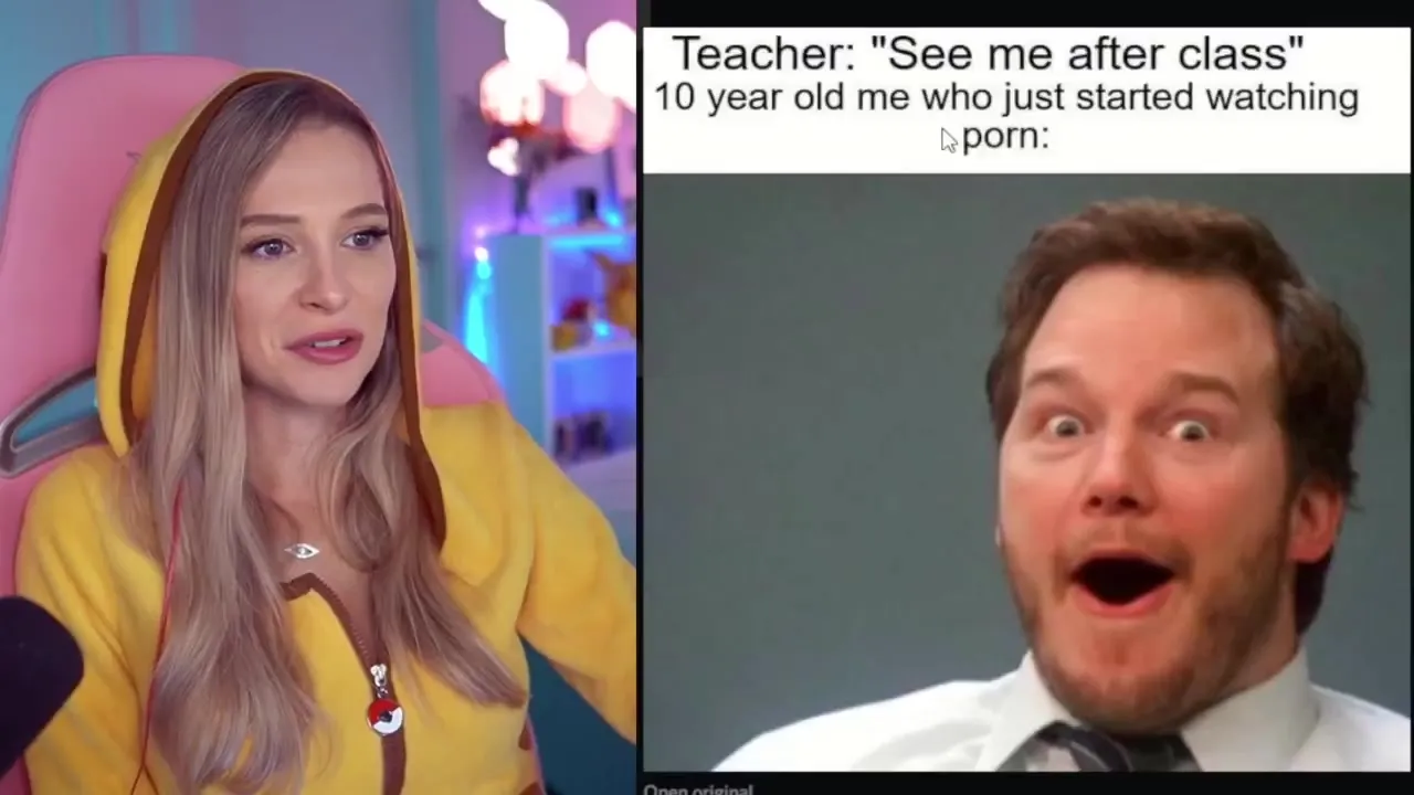 Laughing and shaking her mic while sucking off clips in her neon room