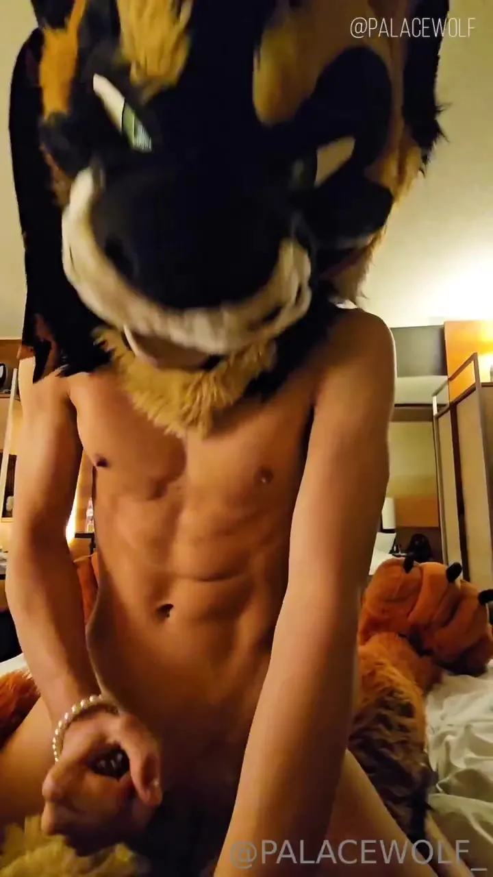 Palacewolf jerks his big dick off in a fursuit head, nasty and hungry