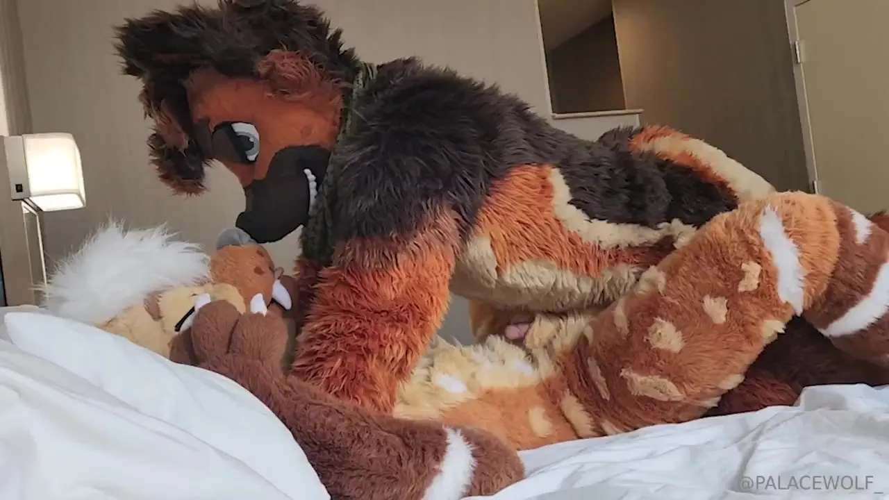 Groaning as the orange-suited bottom gets pounded flat on the sheets while a third furry joins in