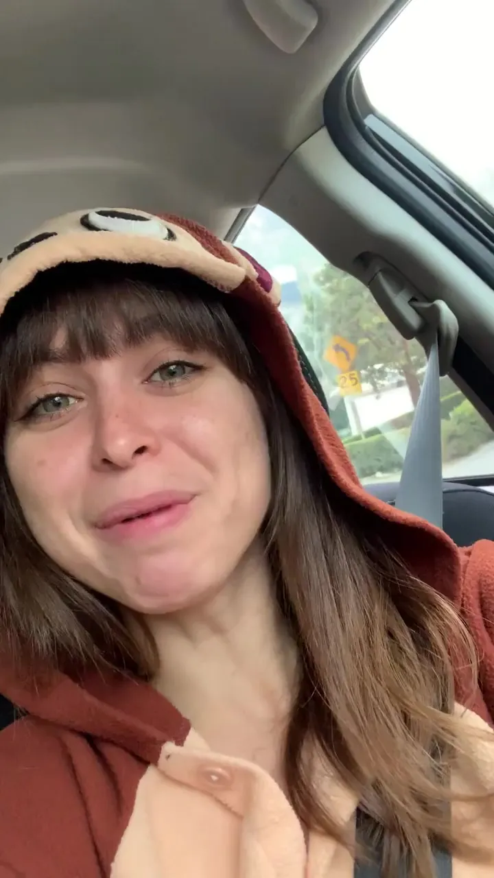 In the passenger seat, Riley Reid grins in a fleece animal onesie with hood ears