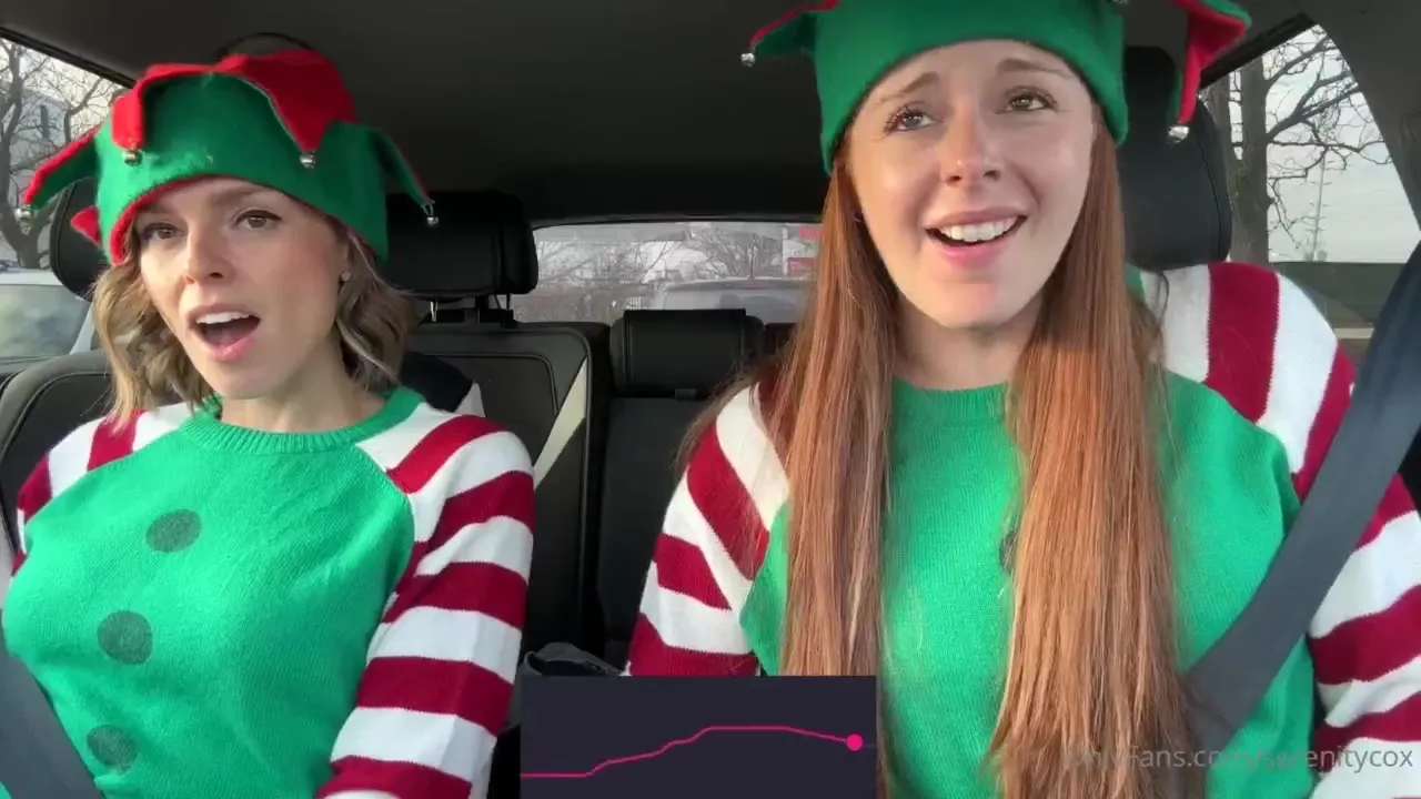 Two elf girls flash their tits in a parked car and the brunette can't stop giggling