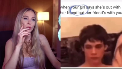 Bebahanofficial squeals and cracks up at a split screen of blowjobs and naked orgy bodies