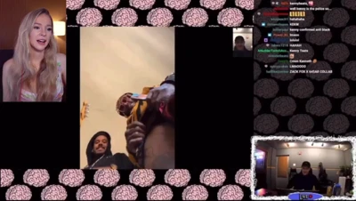 Bebahan laughing away on a gaming stream, Rust menus and Omegle chat flickering behind her