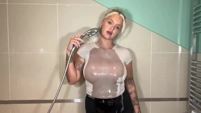 Bathroom shower, Cherry soaking her dripping tits in a wet tee