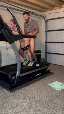 Bending over the treadmill, Convincedmom4u takes her partner's cock from behind and holds on