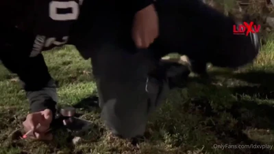 Ldxv strokes his hard cock in the grass at night