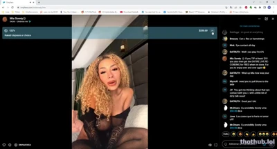 Black sheer lace bodysuit and fishnets, Mia Sorety strips it down and rubs her pussy live for the chat