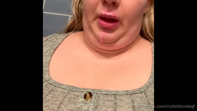 MyFatBlondeGirlfriend flashes her big belly and jiggles it, tongue out, shameless