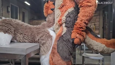 Palacewolf pounds the furry suiter over the kitchen counter, then flips them onto the steel table