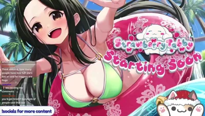 Strawberrytabbyvip on stream topless in a green plush hat, chat going wild