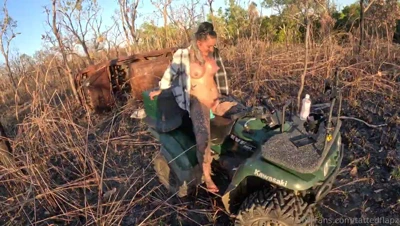 Straddling the quad in burnt scrub, Muddy rides his cock and takes him deep