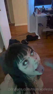 Sliding her lips down his shaft, Triplexceleste buries her nose in his pubes and gags